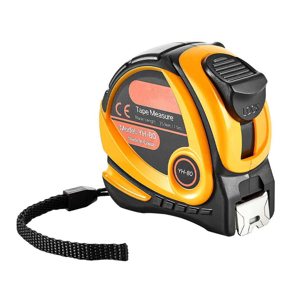 Retractable tape measure with yellow ABS case, black lock button, and extended strap.