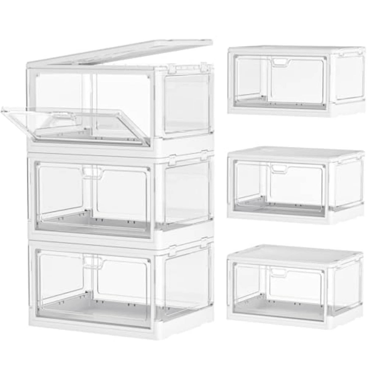 White collapsible storage bins with lidded stackable doors, open and closed