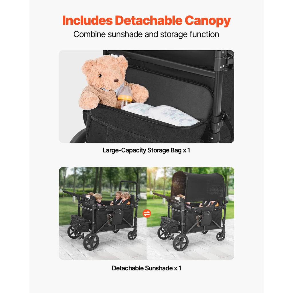Black wagon stroller with detachable canopy, storage bag and sunshade detail