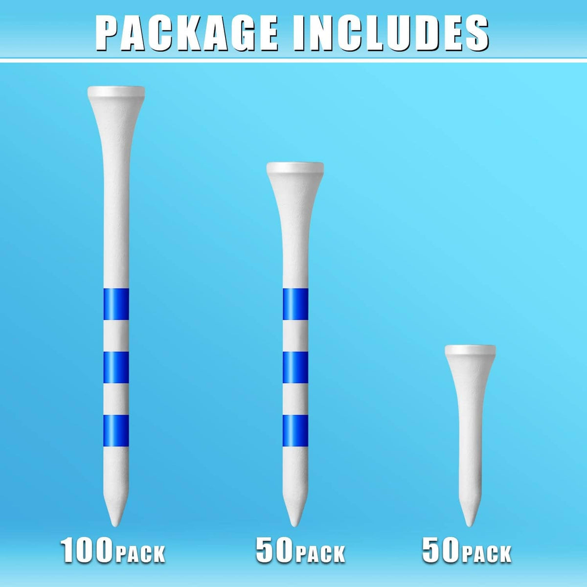 Set of wood golf tees with blue-and-white striped bands, showing three different lengths