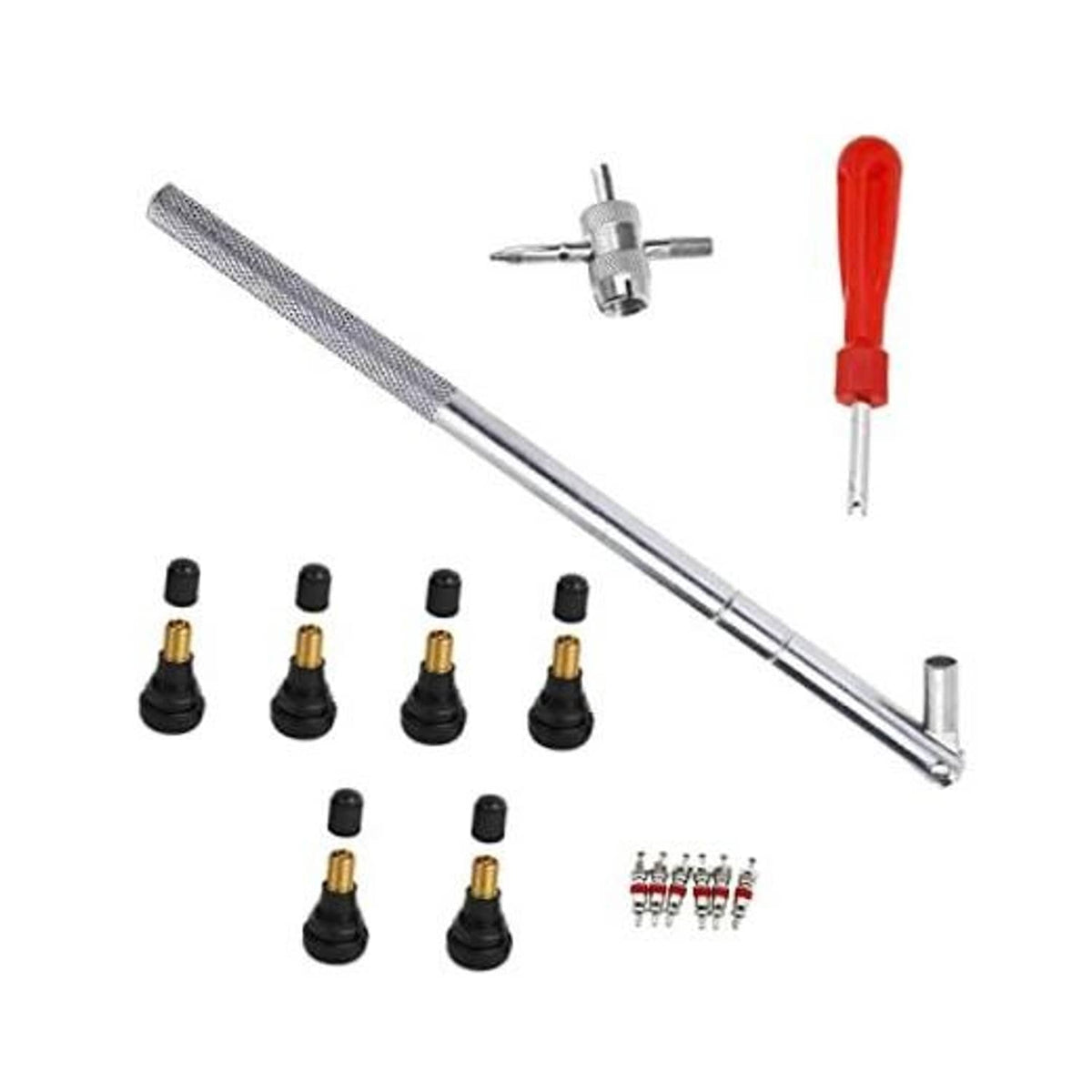 Tire valve stem tool kit with long installer/remover rod, red handle, and valve caps