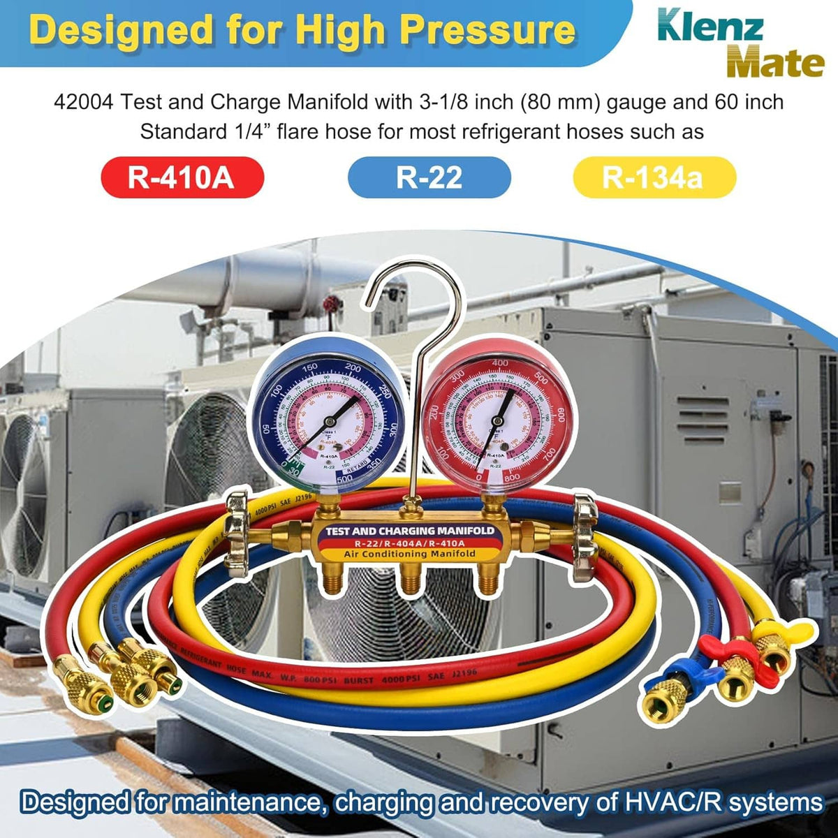 HVAC manifold set with two gauges and brass valve block, red/blue/yellow hoses