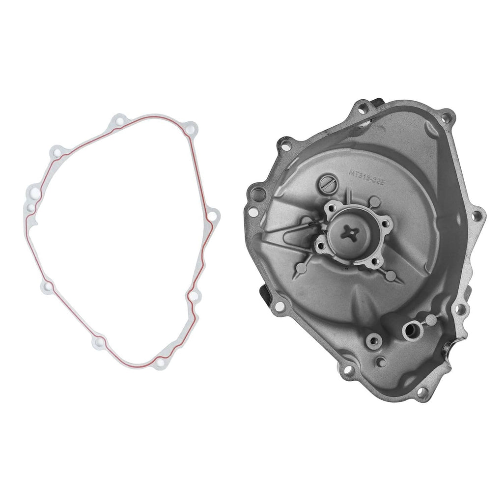 Engine crankcase stator cover and gasket, gray metal with red gasket seal