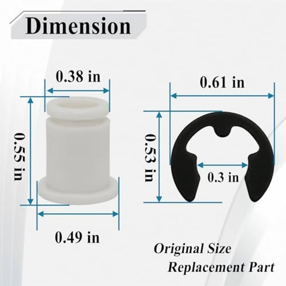Automotive shifter cable bushing kit sizes shown: white bushing and black insert