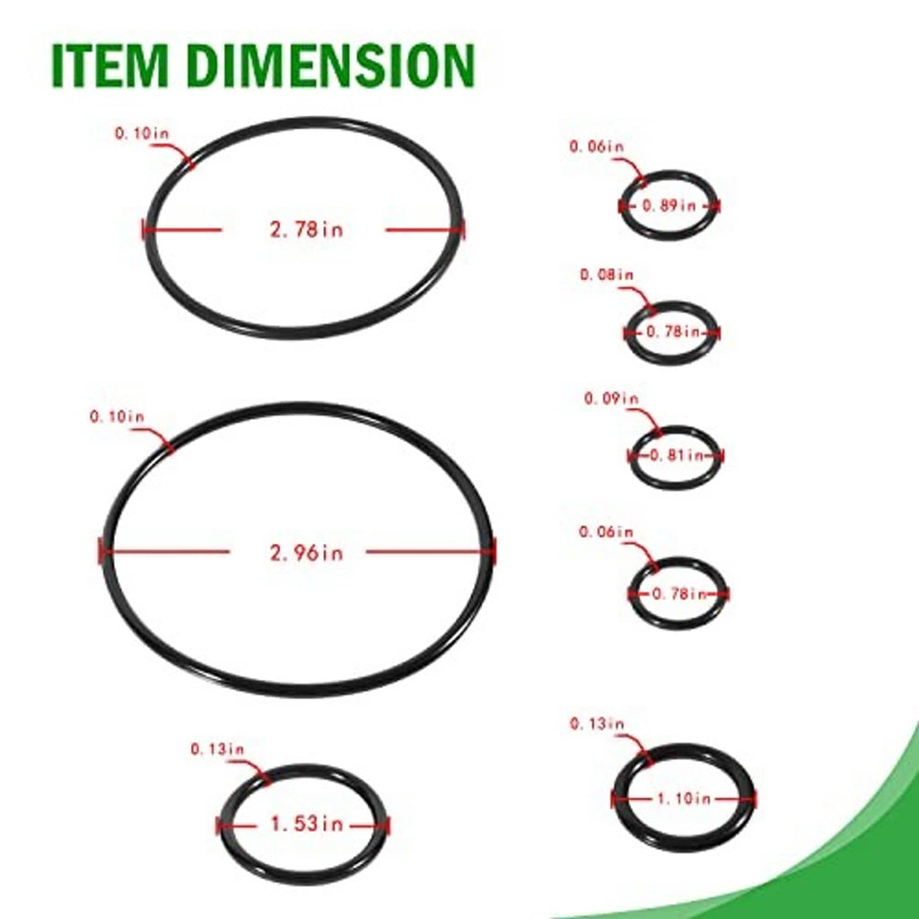Seal kit dimensions chart with black O-rings and measured ring sizes