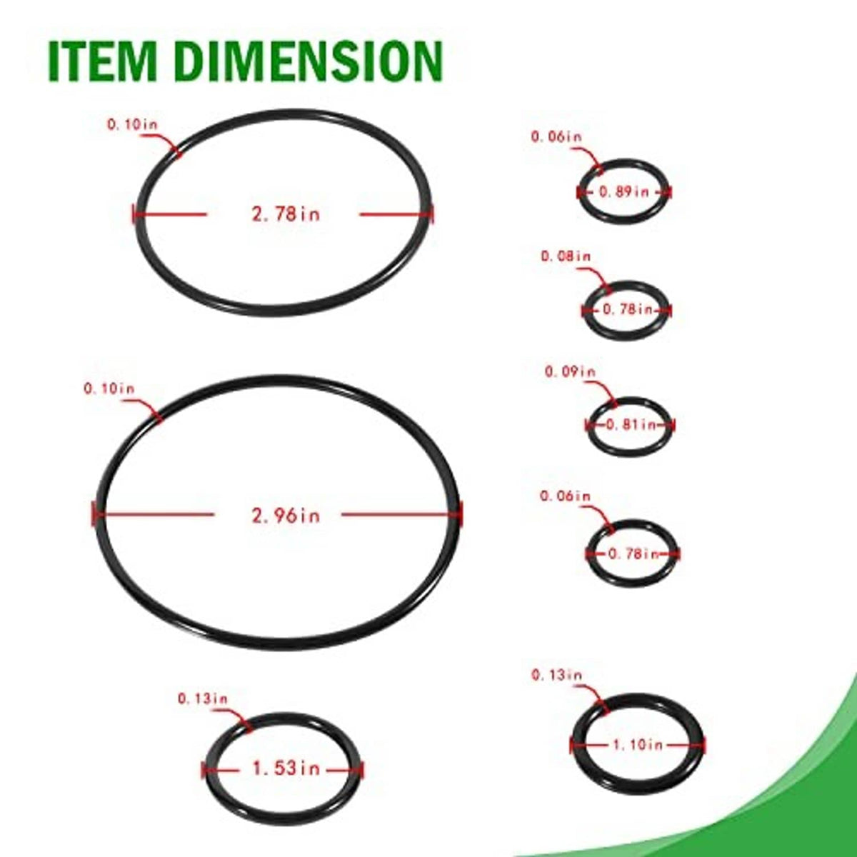 Seal kit dimensions chart with black O-rings and measured ring sizes