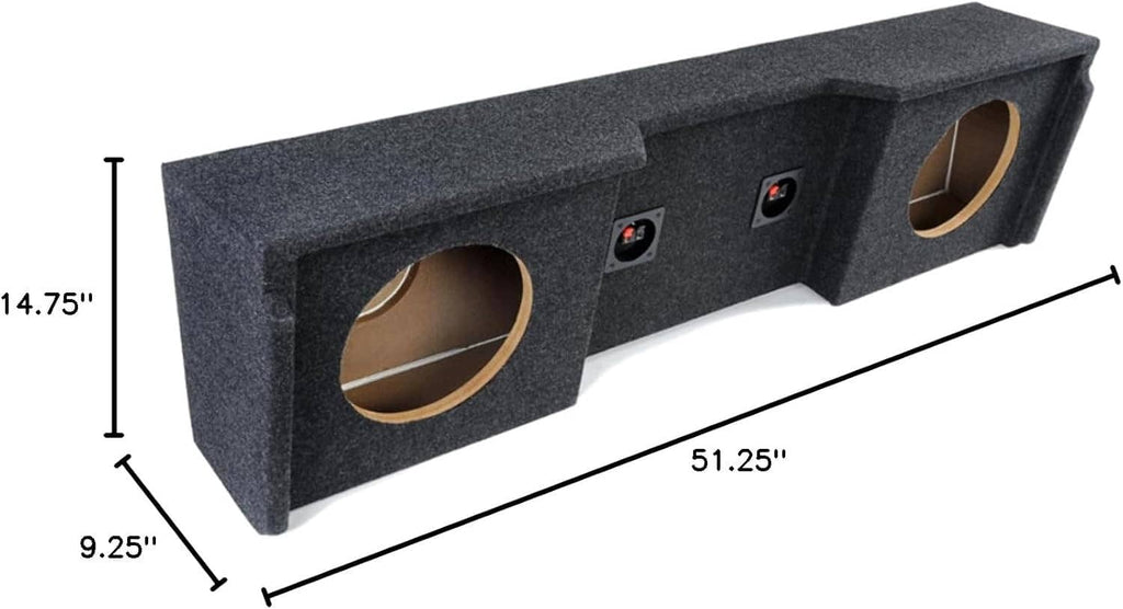 Gray dual subwoofer enclosure with two circular ports, shown with size measurements.