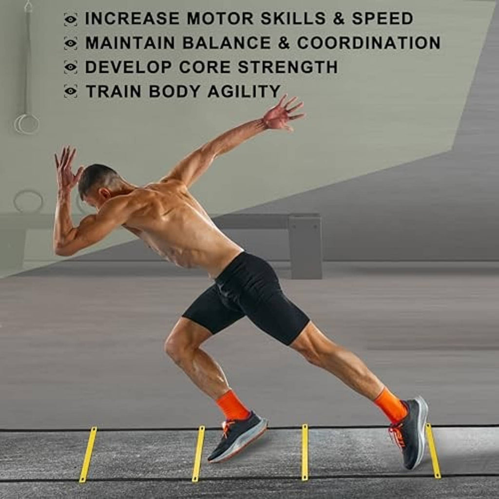 Yellow and black agility ladder for speed and coordination training, athlete mid-jump