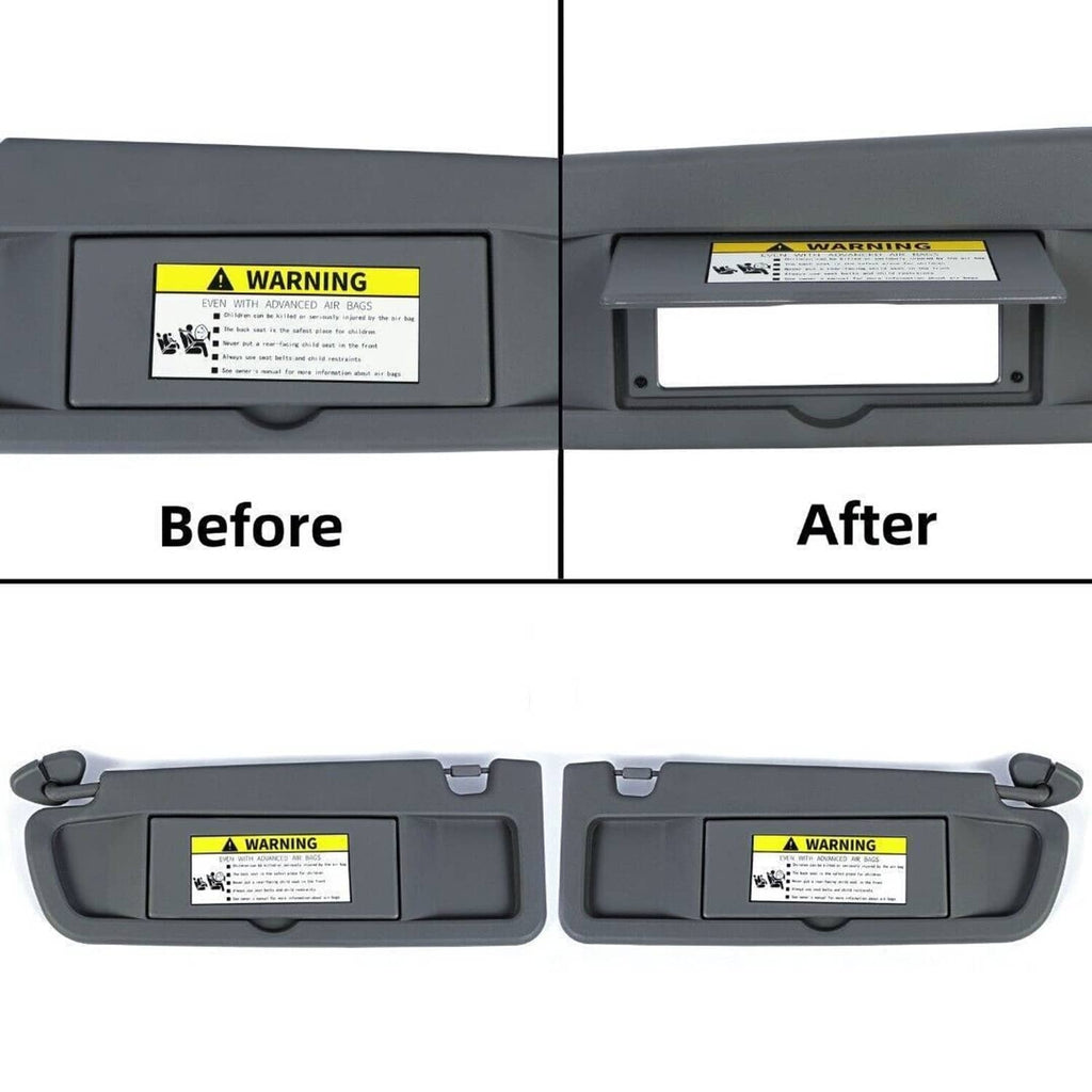 Dark gray sun visor set with mounting clips and air-bag warning label, left/right