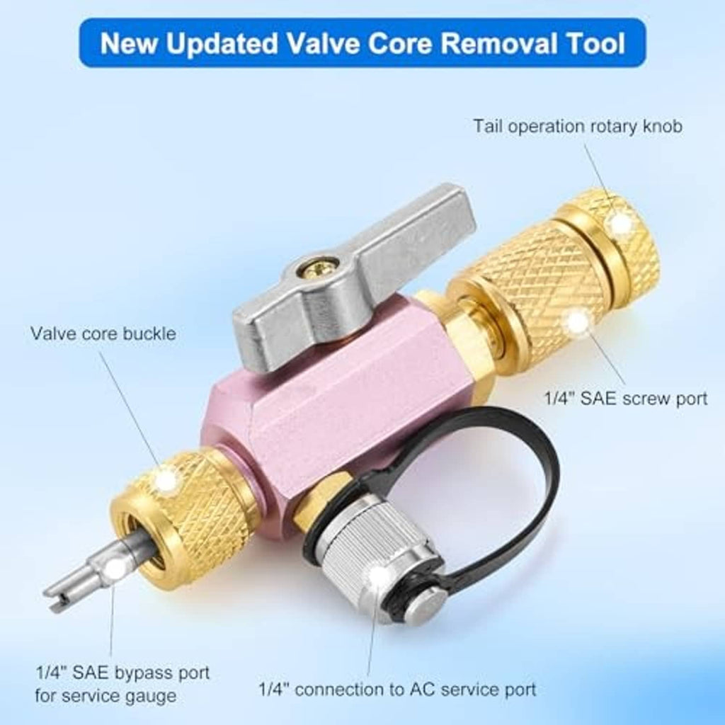 Dual-head valve core removal tool with gold brass ends and pink body, 1/4" SAE port