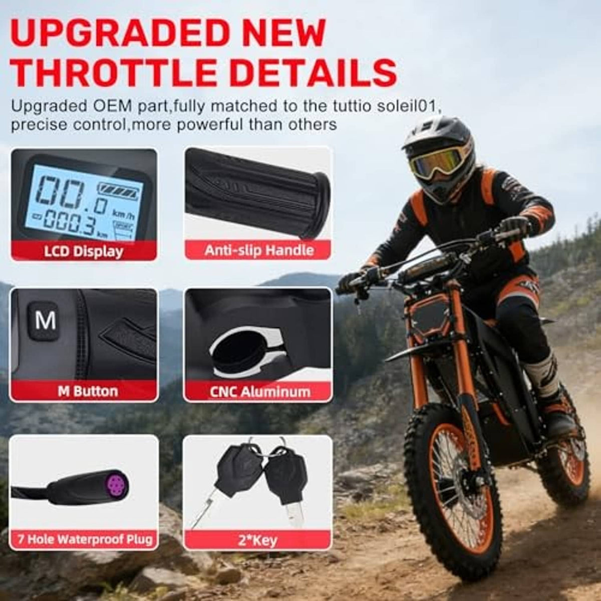 Black anti-slip handle with throttle LCD display and M button, with key fobs
