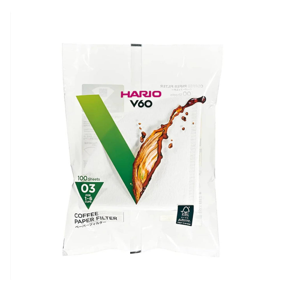 White size 03 Hario V60 paper coffee filters, 100-count pack