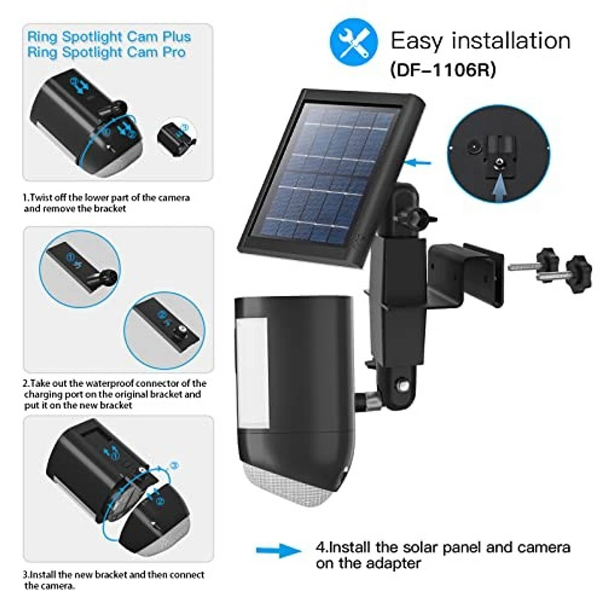 Black gutter-mount solar panel and camera light with adapter bracket parts