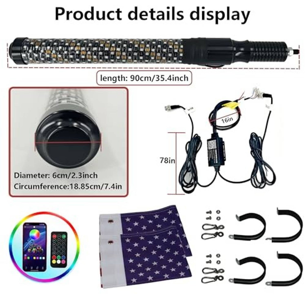 LED whip light spiral tube kit with length/dimension diagram and wiring accessories.
