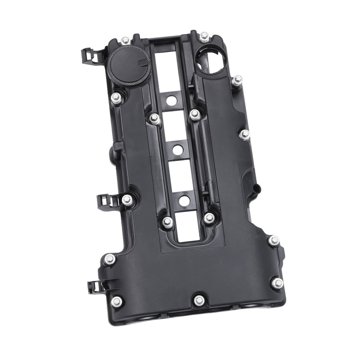 Black camshaft valve cover with integrated gasket, showing mounting bolts and openings
