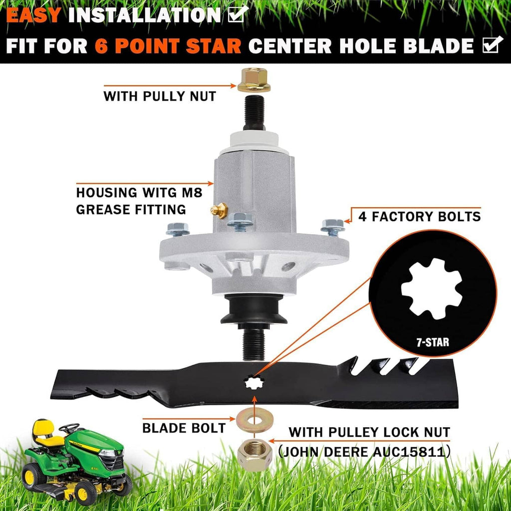 Single replacement spindle assembly with pulley lock nut, blade bolt, and fasteners