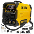 Yellow MIG welding machine with digital display, dual knobs, and included cable accessories