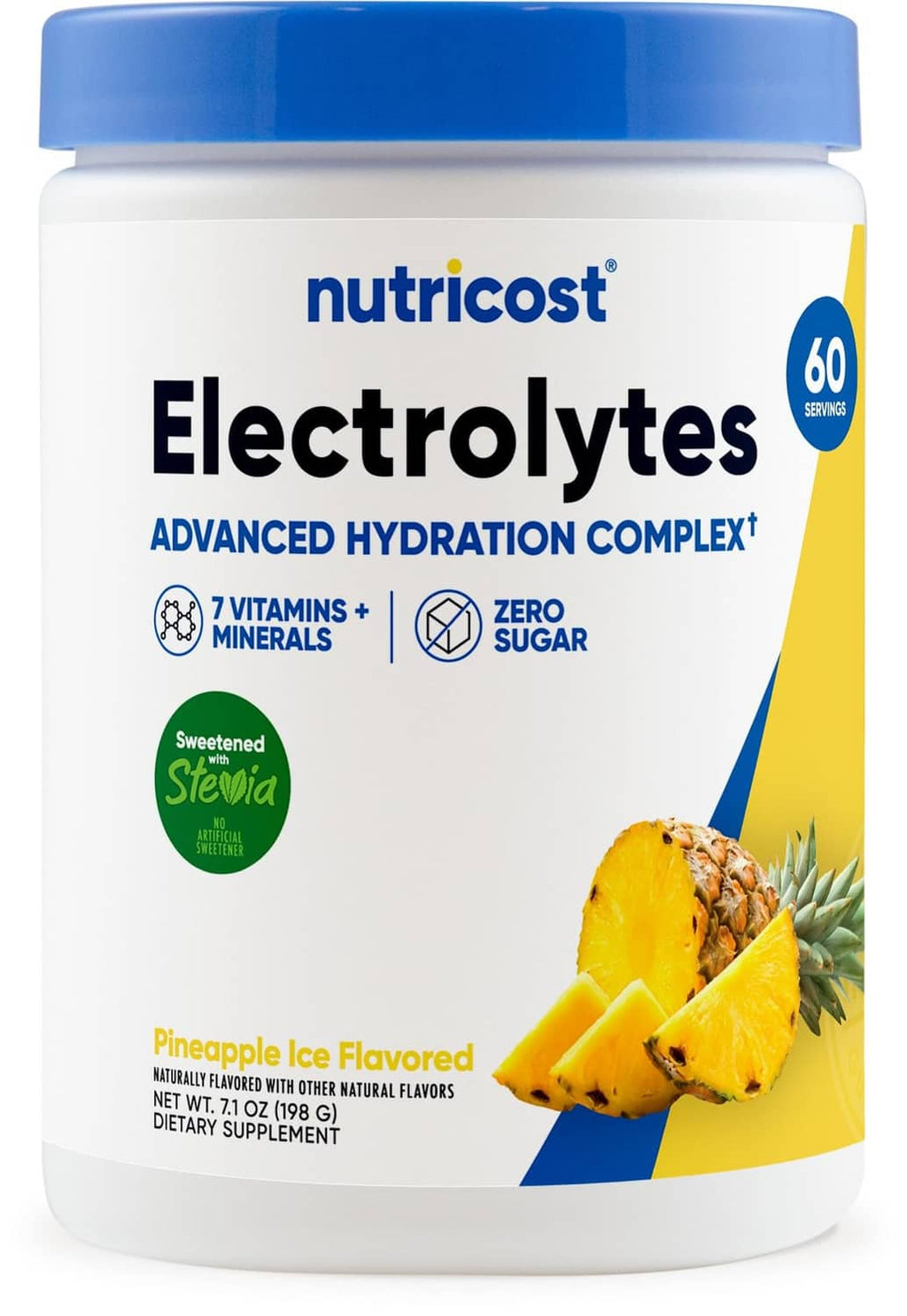 Nutricost electrolytes complex powder jar with blue cap, pineapple ice flavor label