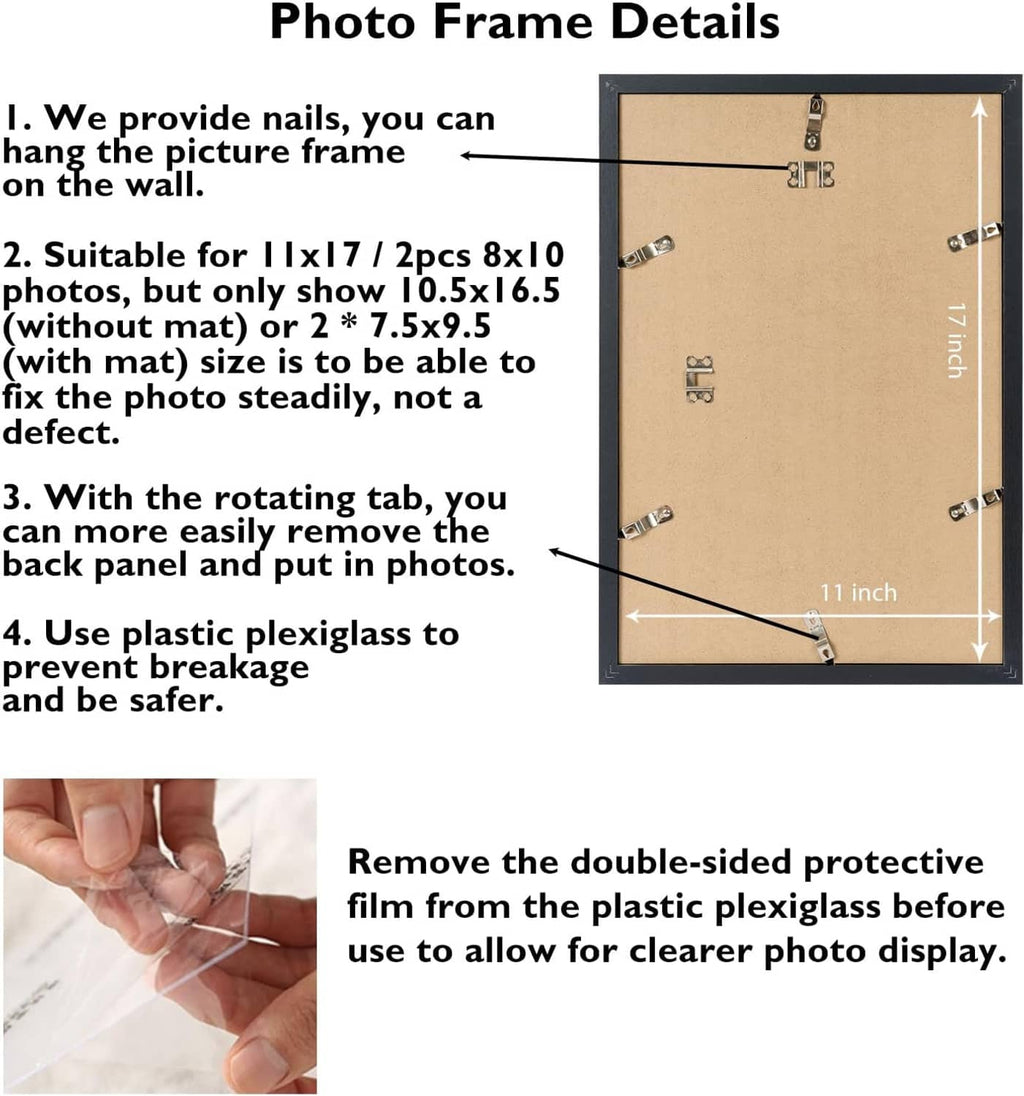 Double photo frame backboard with clips; supports 8x10 or 11x17 photos