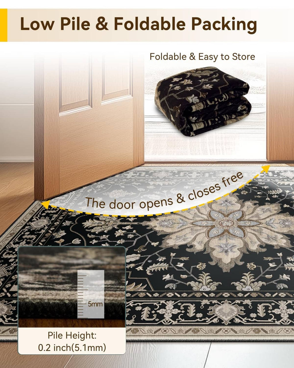 Black floral patterned runner rug with fold detail and low pile height label