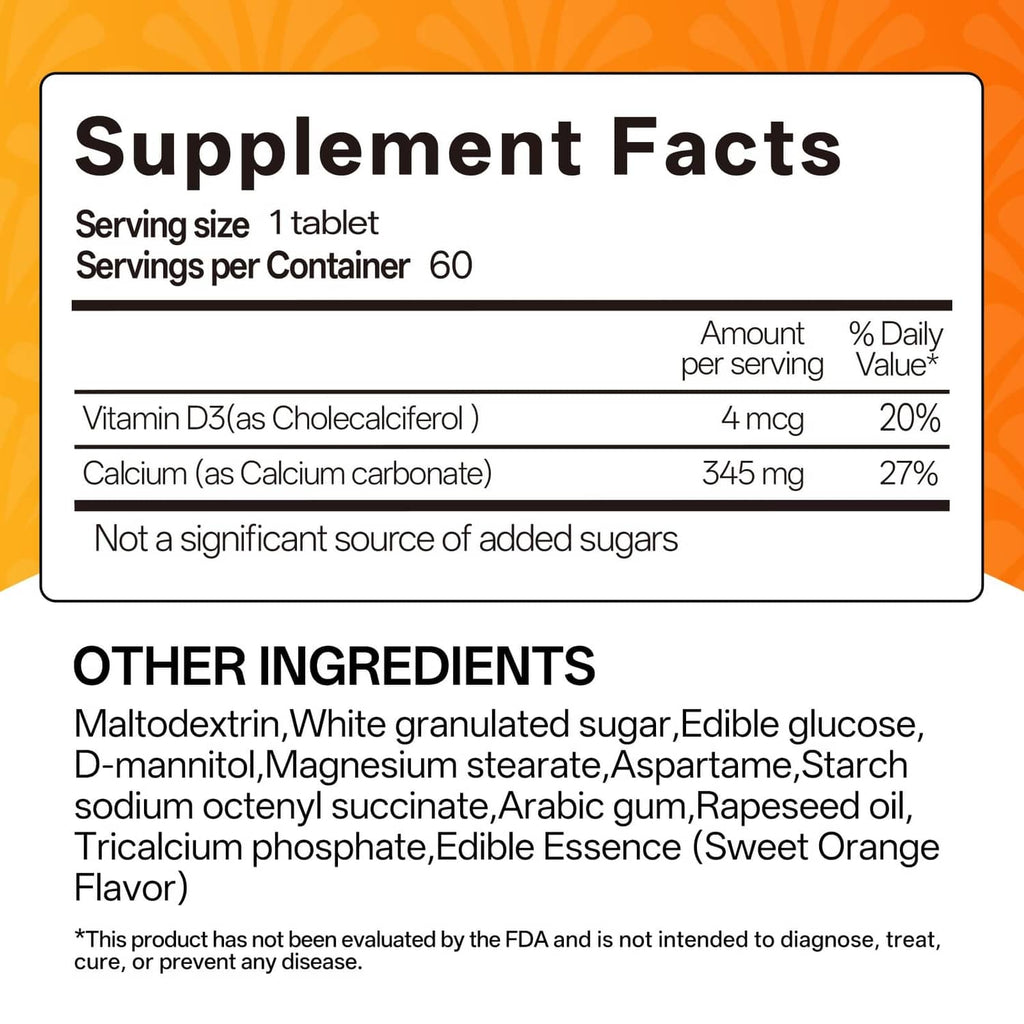 Supplement Facts panel listing Vitamin D3 4 mcg and Calcium 345 mg