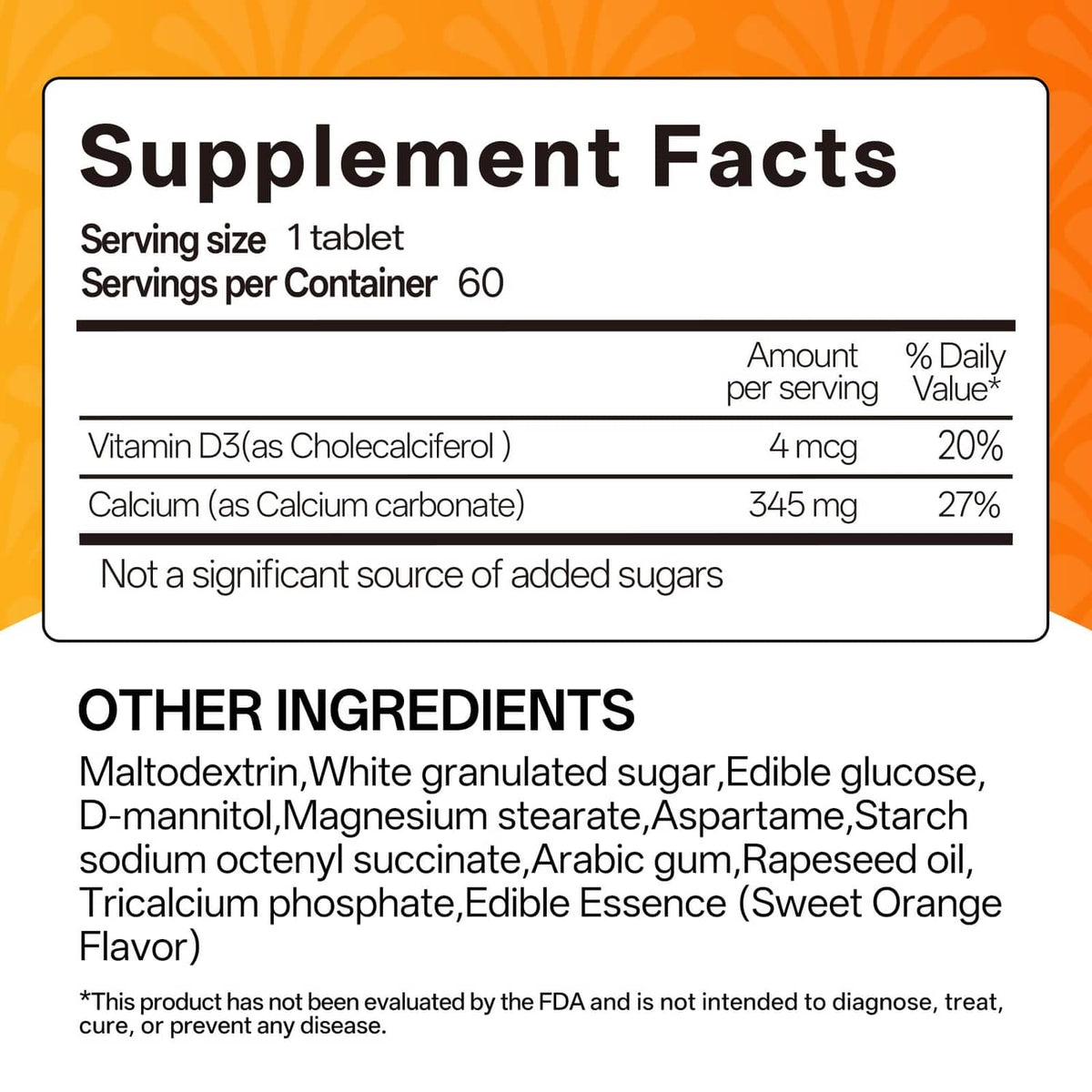 Supplement Facts panel listing Vitamin D3 4 mcg and Calcium 345 mg