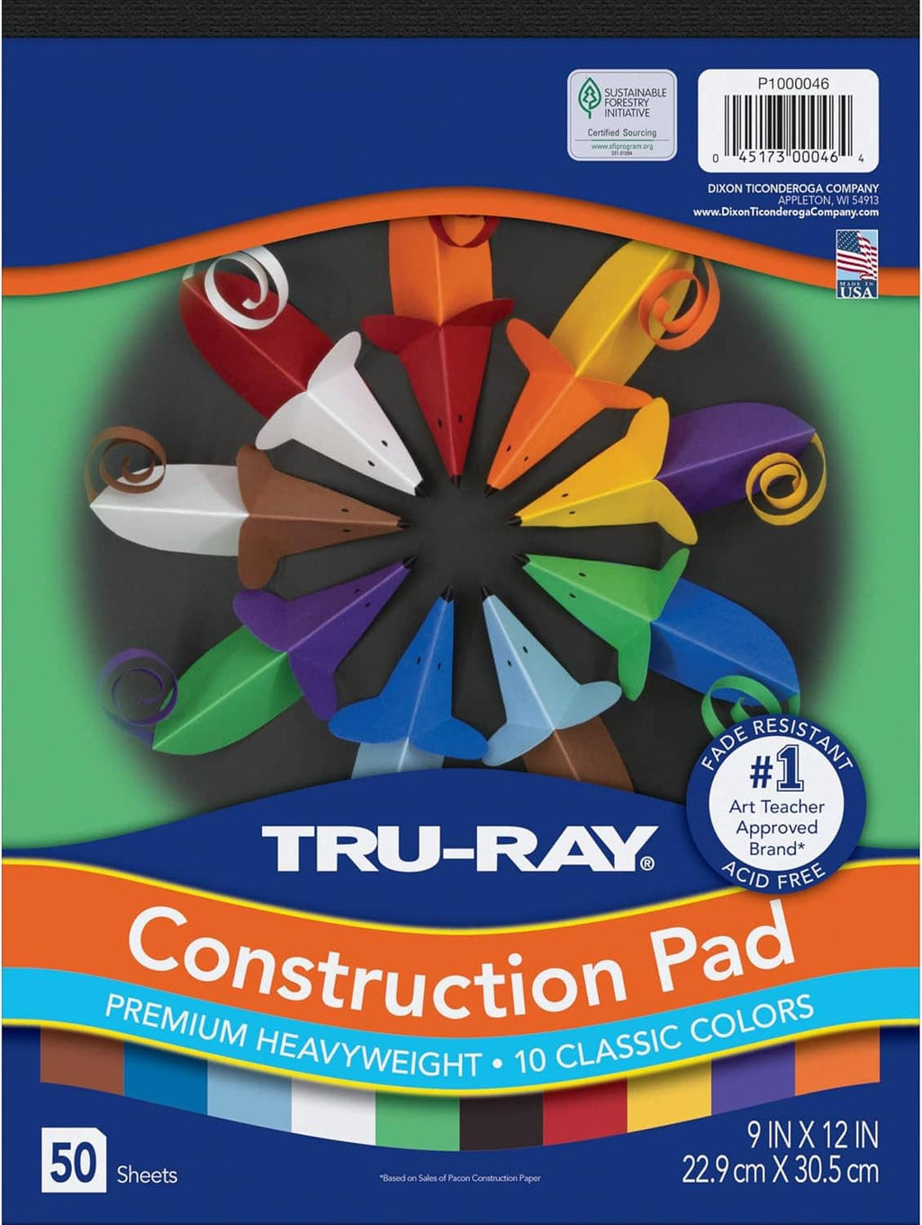 Construction paper pad, 9 x 12 inches, assorted colors, 50 sheets per pack