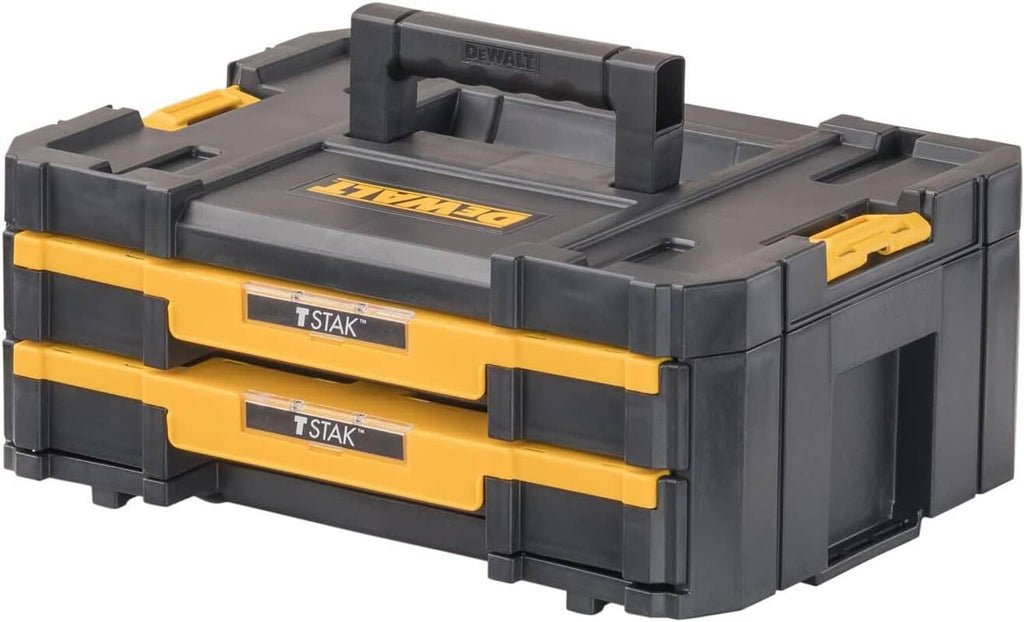 DEWALT TSTAK double-drawer tool organizer with top carry handle, dark gray and yellow