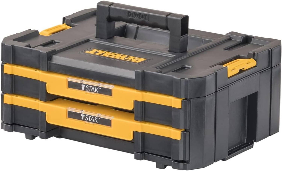 DEWALT TSTAK double-drawer tool organizer with top carry handle, dark gray and yellow