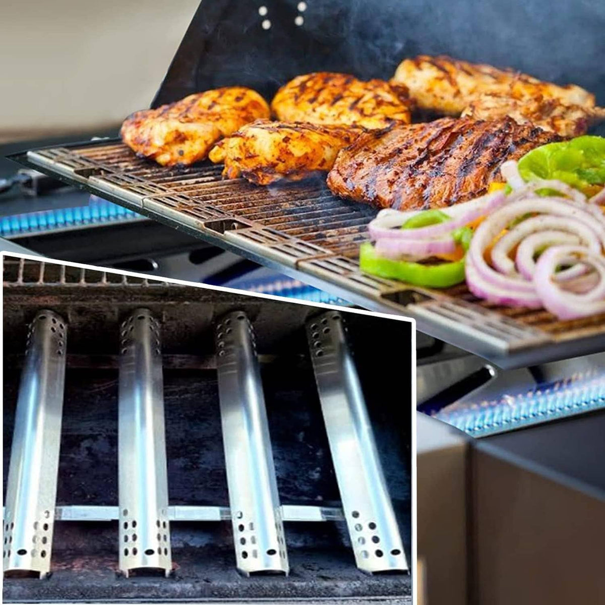 Stainless steel burner tubes visible under the cooking grate during grilling