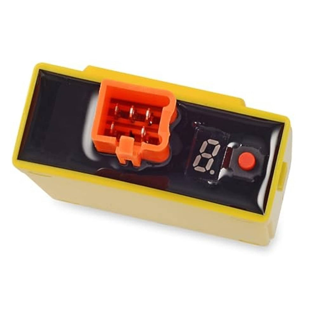 Yellow CDI box end view showing orange 5-pin connector and digital display