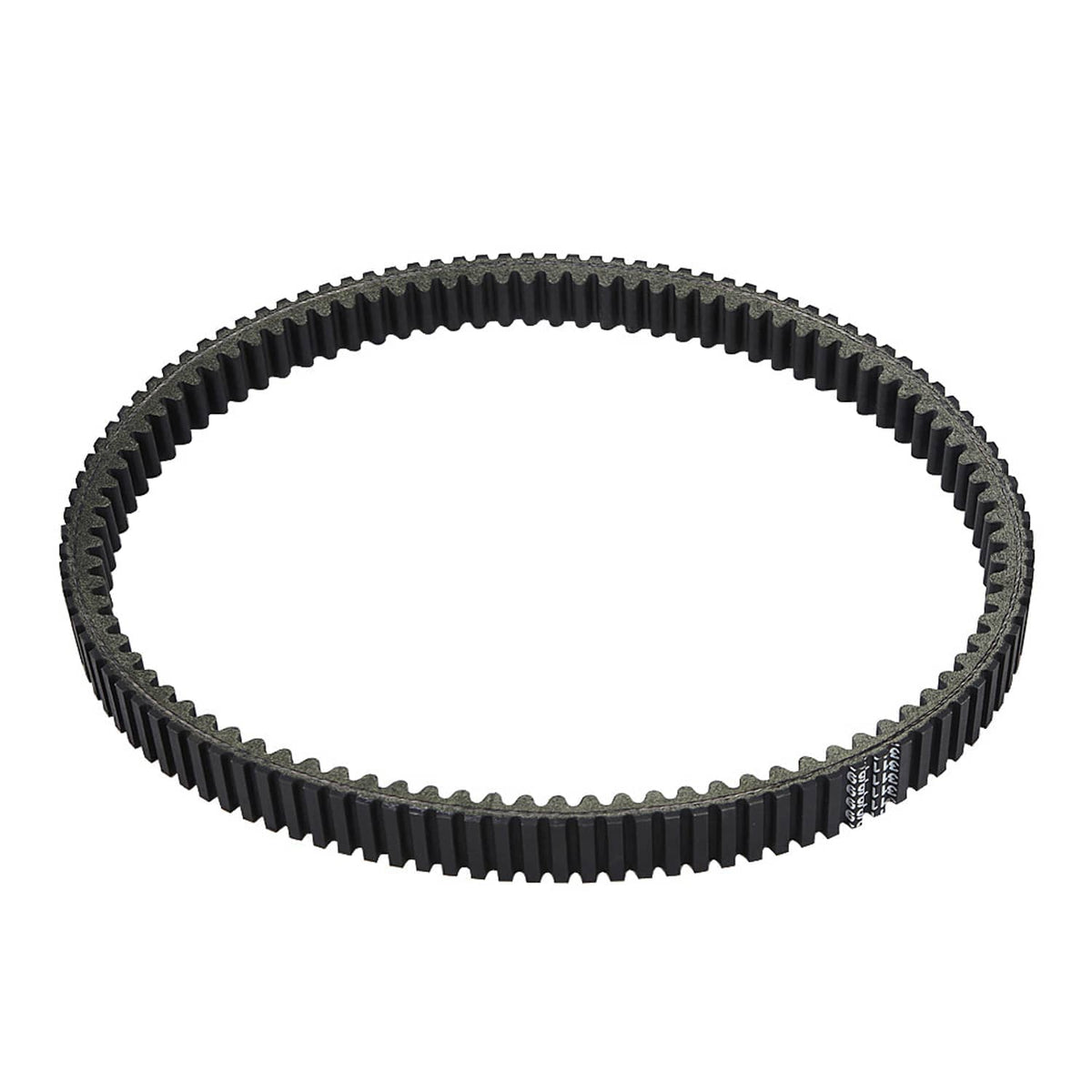 Black ribbed drive belt loop with evenly spaced teeth, angled view