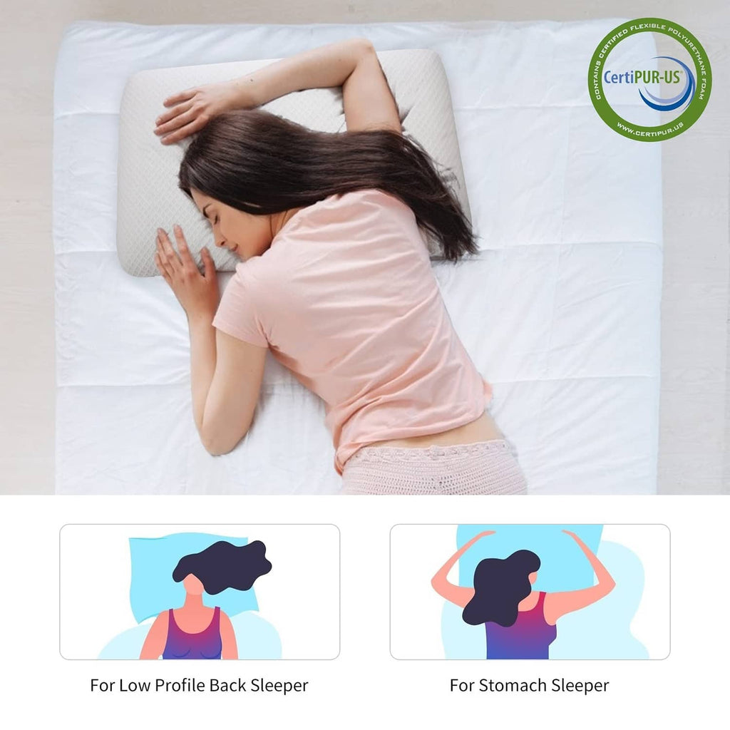 White flat memory foam pillow supporting a head and upper body for stomach sleeping.