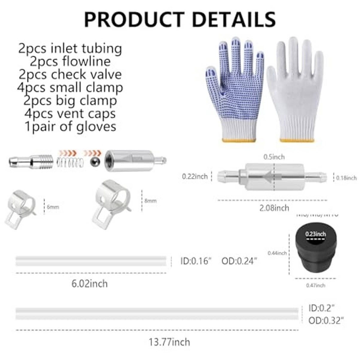Brake bleeder hose kit diagram with gloves, tubing, clamps, and check valve parts
