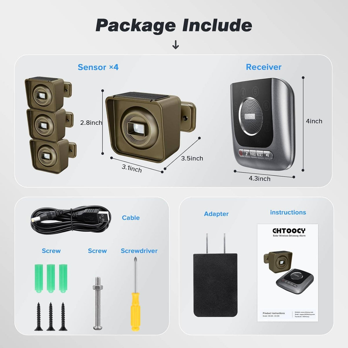 Package contents: four tan sensors, black receiver, cable, adapter, and mounting screws