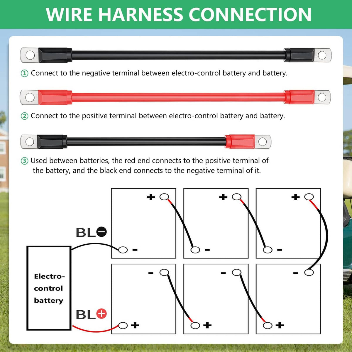 Battery cable wiring diagram showing red and black cables with ring terminals