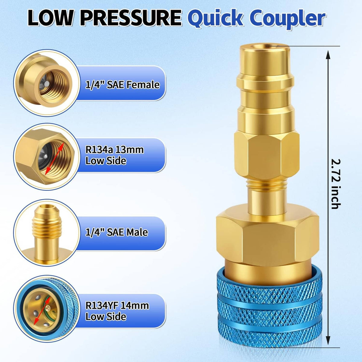 Brass quick coupler adapter with red and blue ports and threaded SAE connector ends
