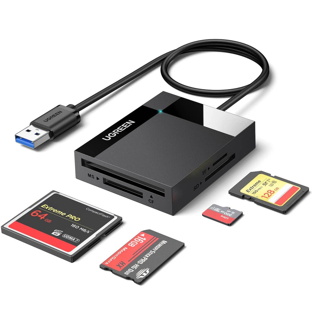 Ugreen 4-in-1 USB 3.0 card reader hub with USB cable and indicator light