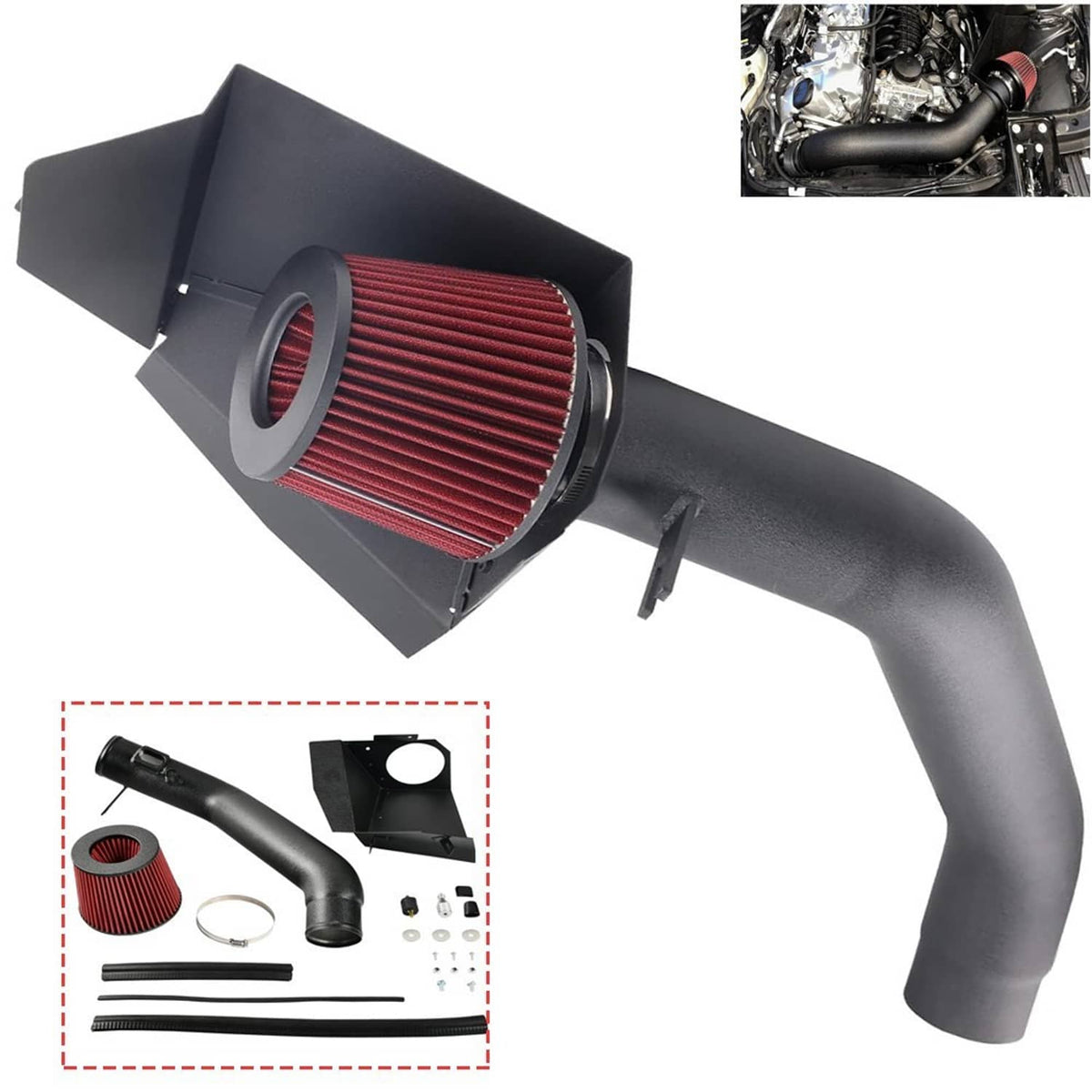 Cold air intake system with black intake tube and red panel filter, side view