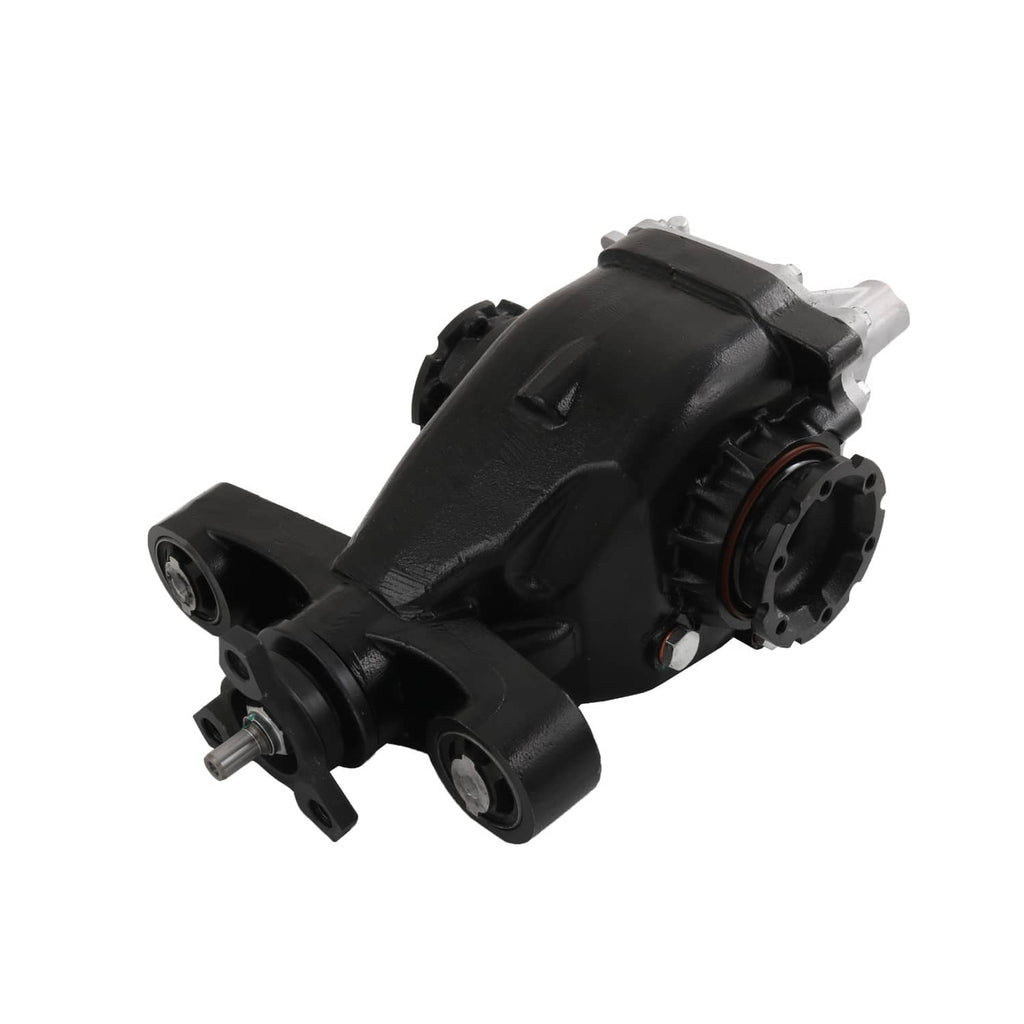 Rear differential carrier assembly side view with black casing and circular housing