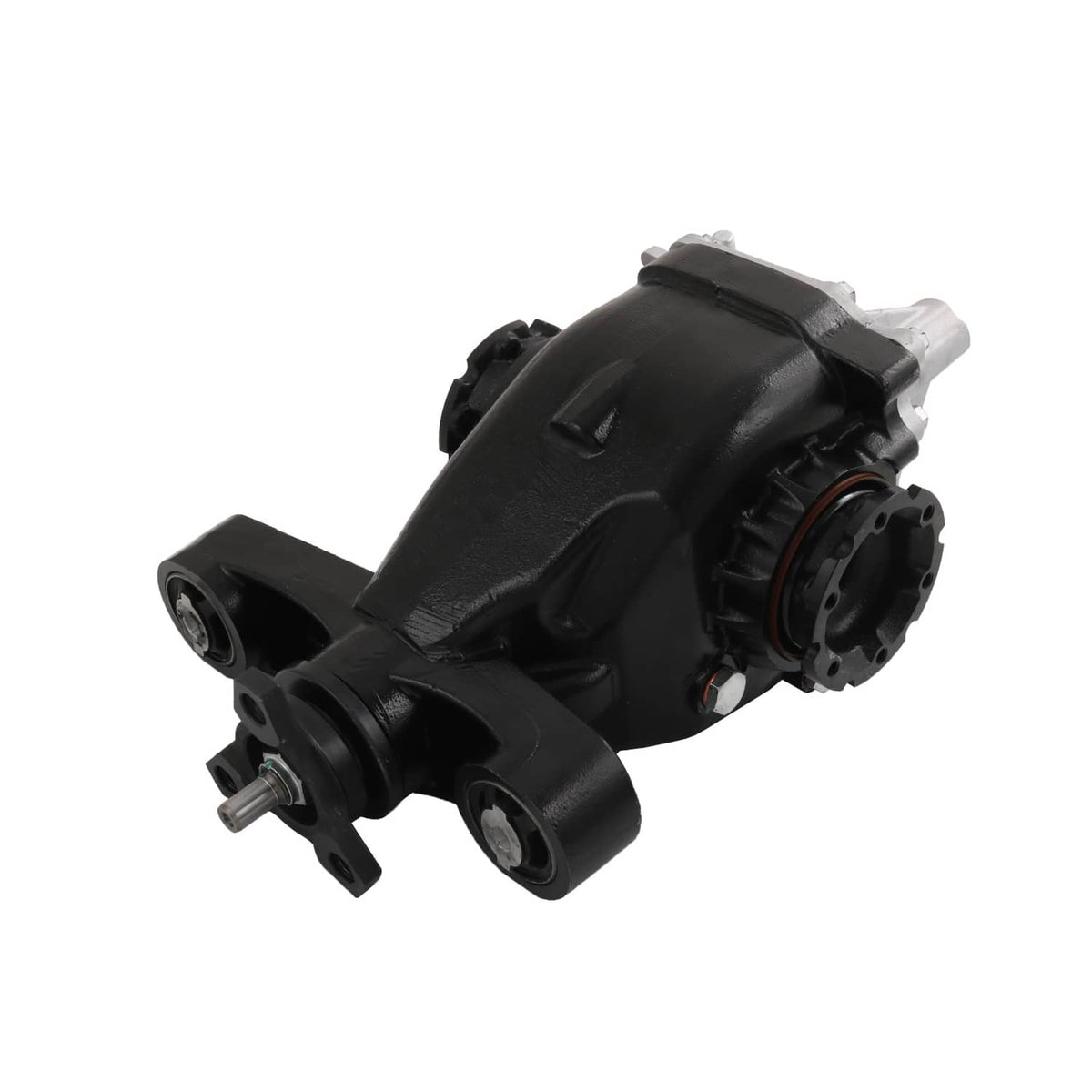 Rear differential carrier assembly side view with black casing and circular housing