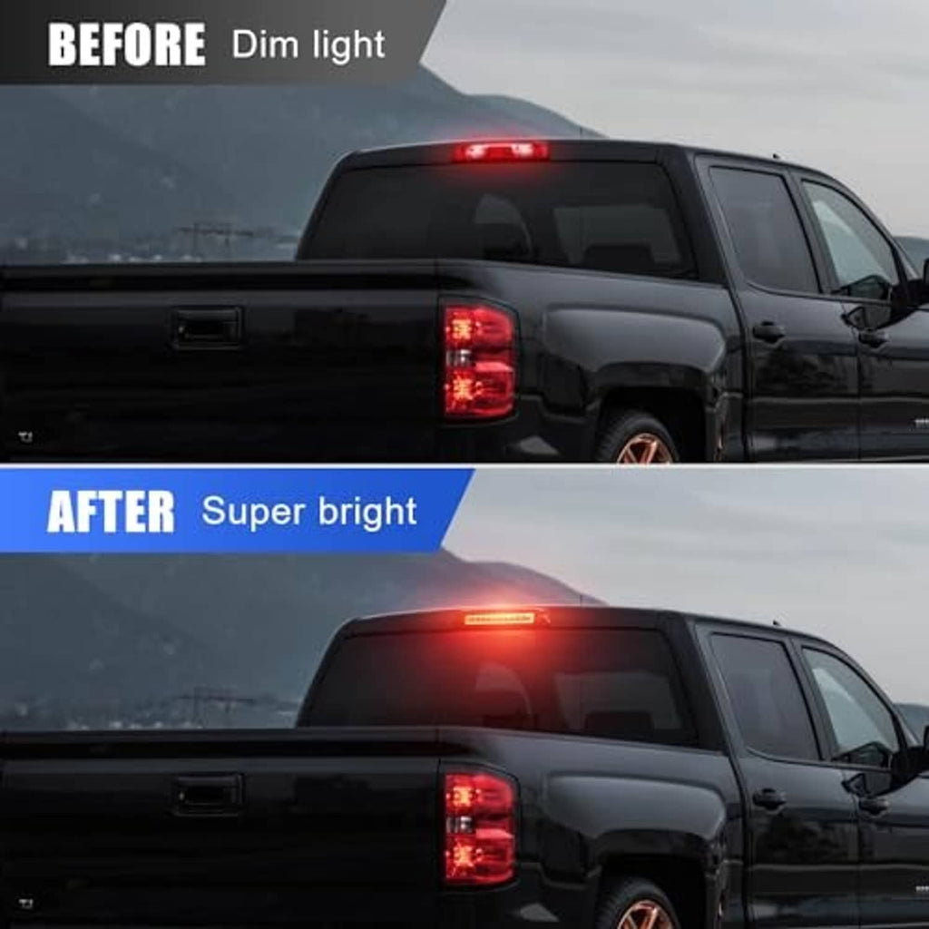 Third brake light on pickup truck, showing bright red LED illumination