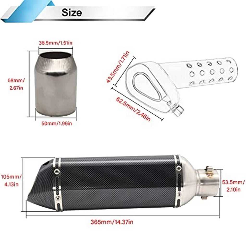 Motorcycle slip-on exhaust muffler with carbon fiber-look body and stainless outlet, shown with size diagram.