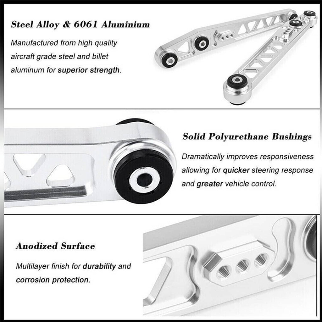 Silver aluminum rear control arm with bushing ends and anodized finish details