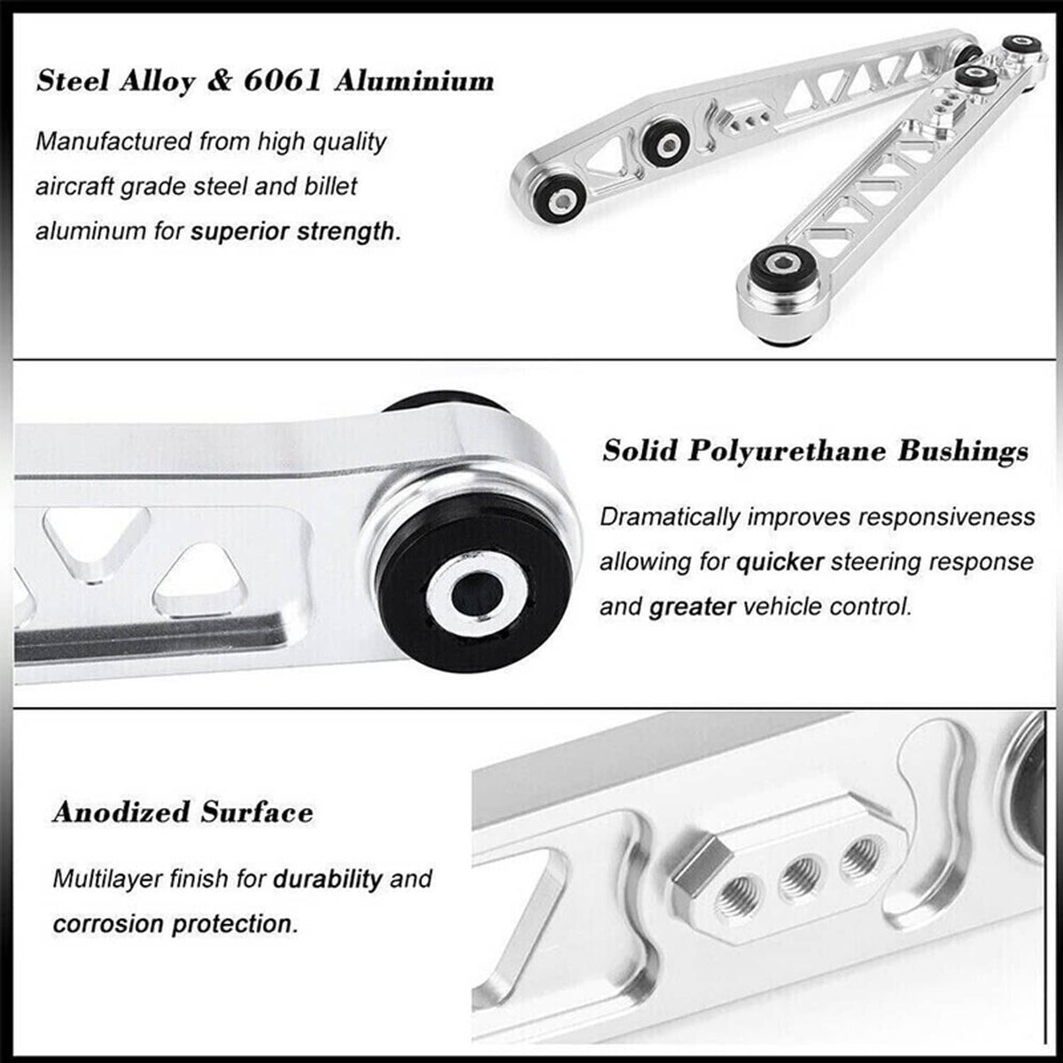 Silver aluminum rear control arm with bushing ends and anodized finish details