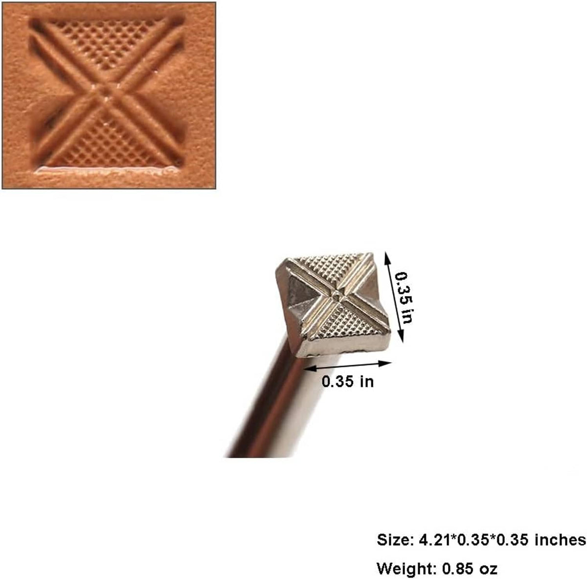 Leather stamp head with starburst pattern and size markings on brown handle