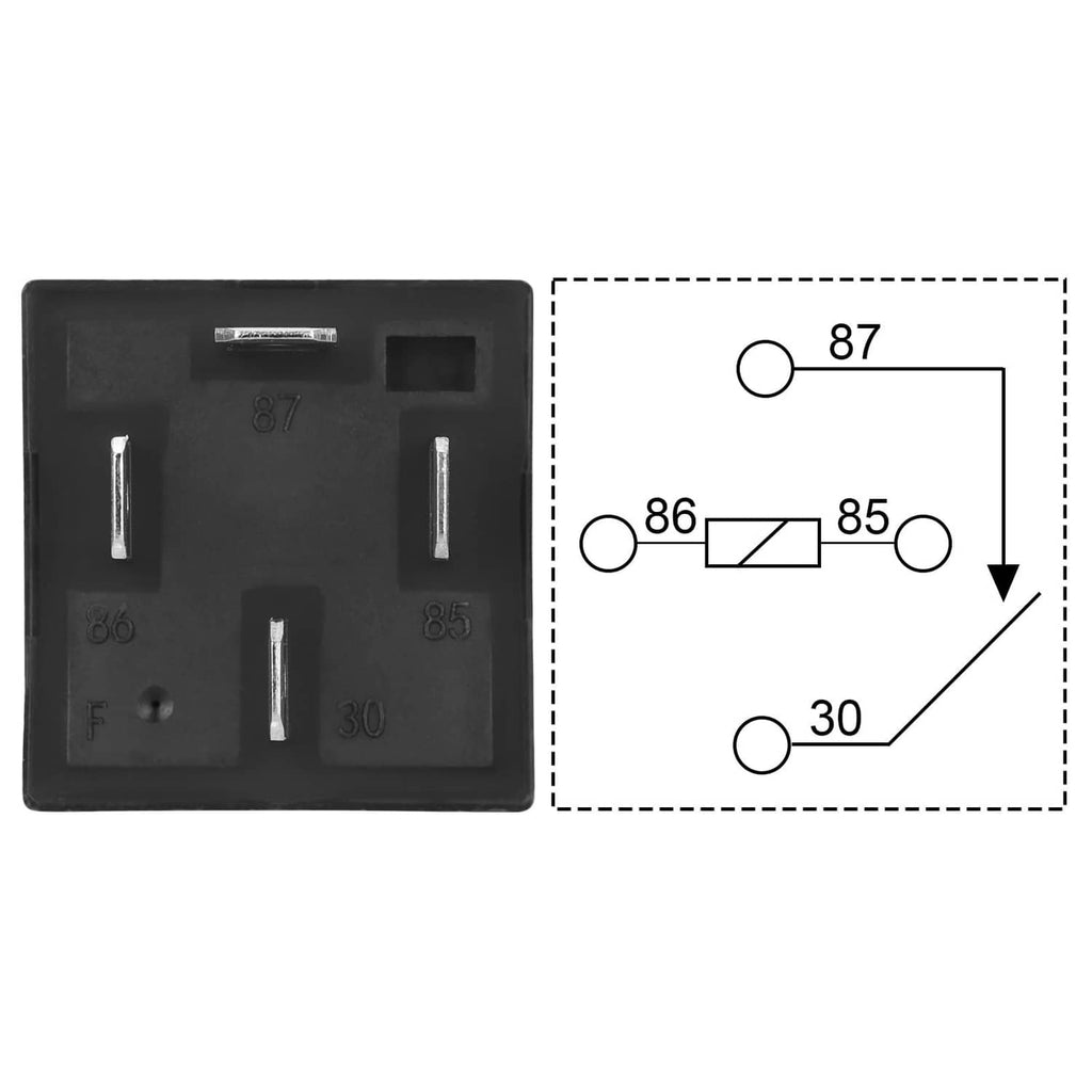Black relay back plate showing 86/85/87/30 terminal layout diagram