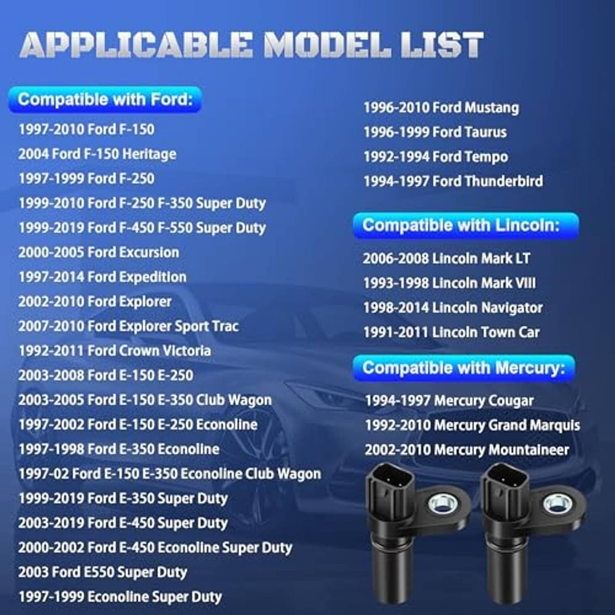 Two black camshaft position sensors with metal mounting rings
