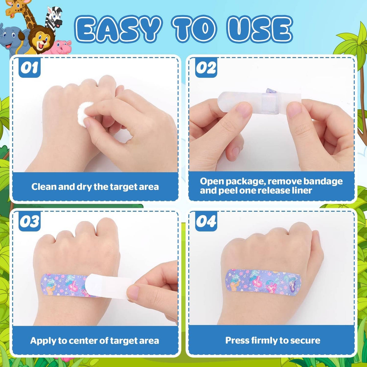 Kids cartoon bandage application steps: clean, peel, place, and press to secure