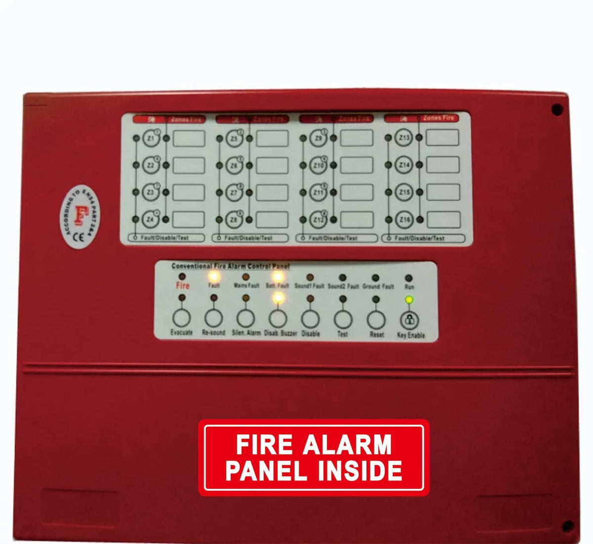 Red fire alarm panel back with printed circuit layout and FIRE ALARM PANEL INSIDE label